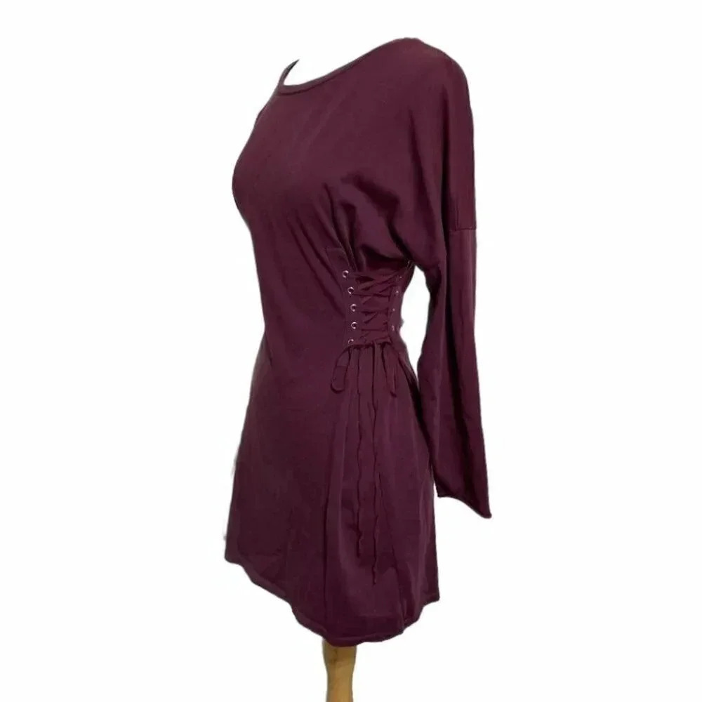 Silence & Noise Burgundy Long Sleeve Mini Dress‎ Lace-Up Side Detail Casual Chic